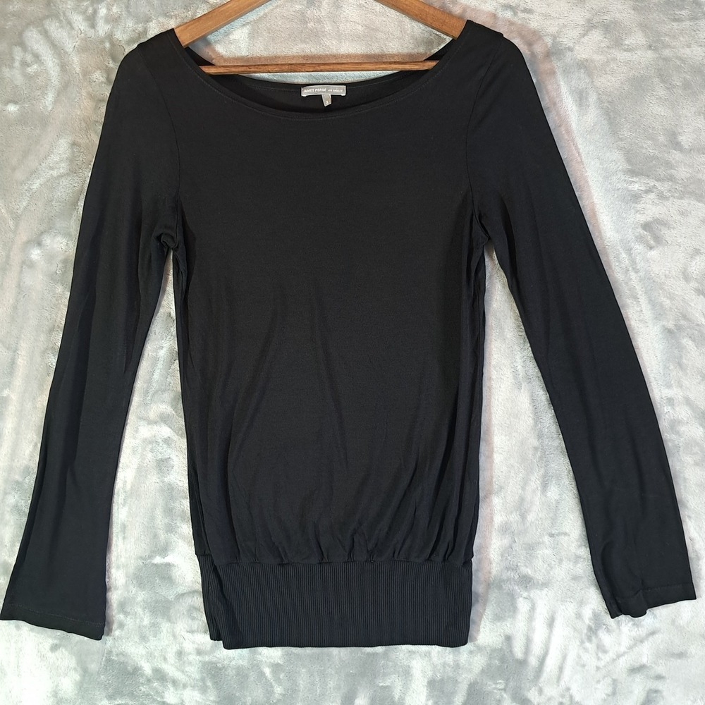James Perse Black Tencel Boat Neck Long Sleeve Tunic Ribbed Hem - Size 2 Medium
